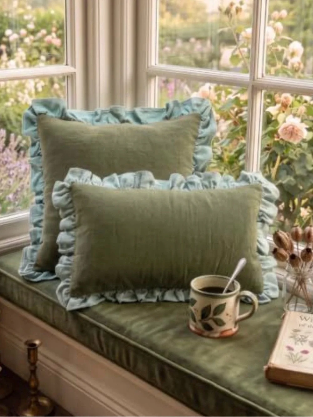 Ruffled Edge Decorative Pillow Covers Pair - Olive with Light Sage Ruffle